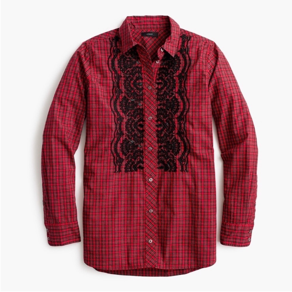 J. CREW Red Black Tartan Plaid Embroidered Beaded Embellished Button Down Shirt